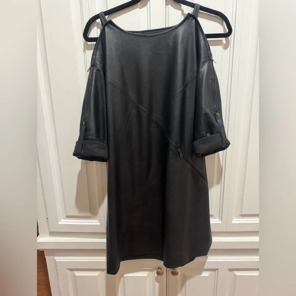 BCBGMaxAzria Yana Black Faux Leather Dress with Cold Shoulder Option BCBGMaxAzria Yana Black Faux Leather Dress with Cold Shoulder Option